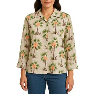 Silkland Womens Tropical Palm Tree Monkey Print Button-Down Shirt Top Size 10